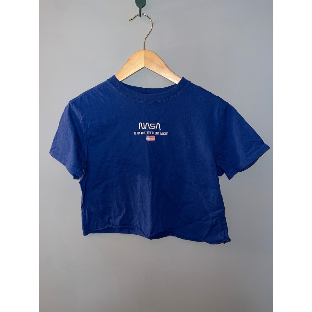 Forever 21 NASA Graphic Crop Top Blue Short Sleeve Raw Hem Medium
